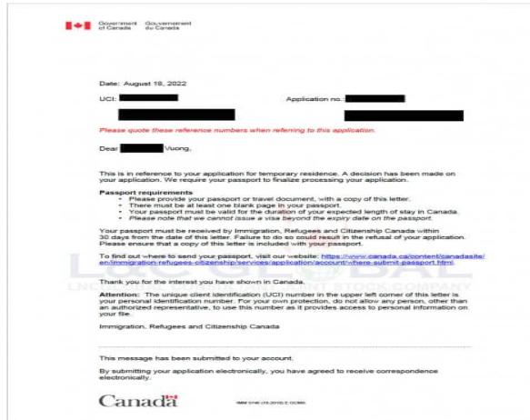 thư từ chối visa Canada 2